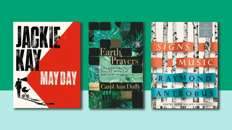 An two-tone green background with three poetry book covers overlaid.