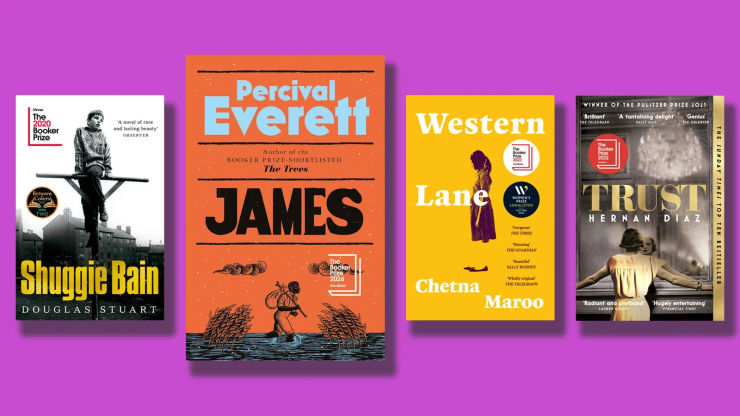 A purple background with four book covers overlaid: Shuggie Bain, James. Western Lane and Trust.