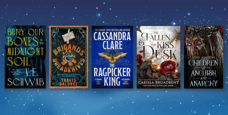 A starry sky background with five books overlaid