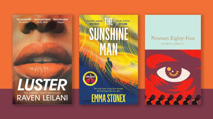 Book jackets on a two-tone background