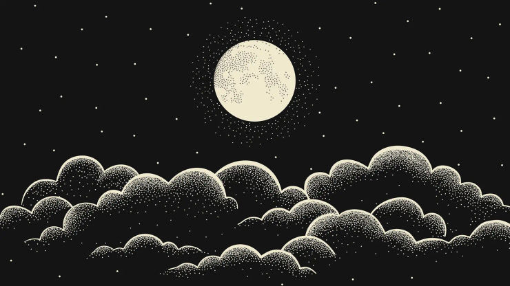 An illustration of a bright moon above clouds in a dark sky