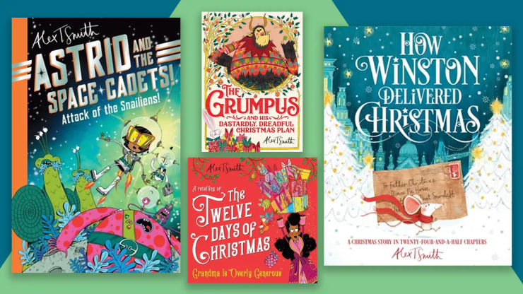 A green and blue background with book covers overlaid