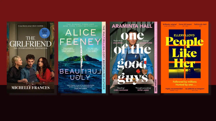 Four book jackets on a two-tone red background