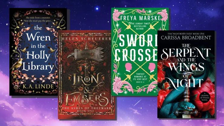 Book jackets on a starry sky background