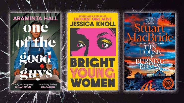 An image of shattered glass, with 3 book covers on top: One of the Good Guys by Araminta Hall, Bright Young Women by Jessica Knoll, and the House of Burning Bones by Stuart Macbride.