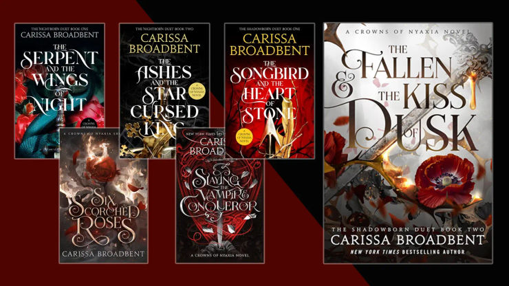 Book jackets on a red and dark grey background