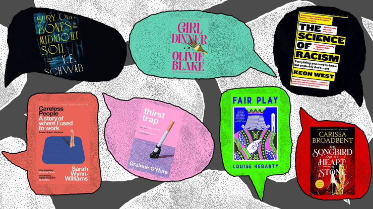 Various book covers appear in speech bubbles