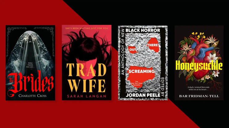Four book covers on a dark red and black background