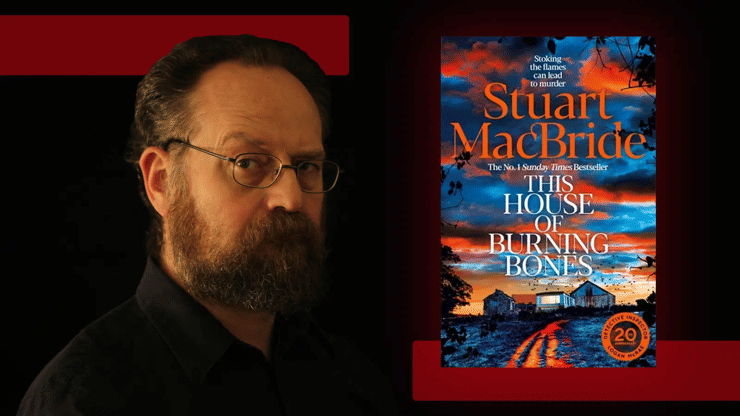A photograph of Stuart MacBride - with a beard and wearing glasses - alongside the cover of his latest book