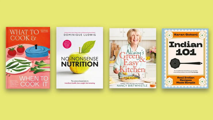 Four book covers on a yellow background