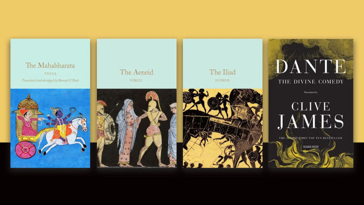 Book covers on a yellow and black background