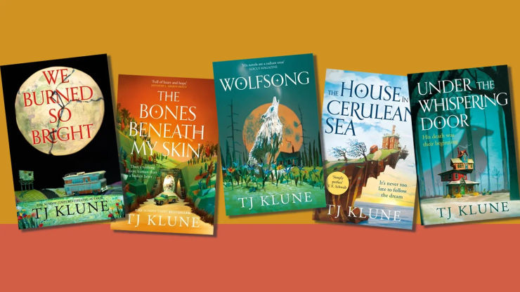 Five books on a two tone orange background
