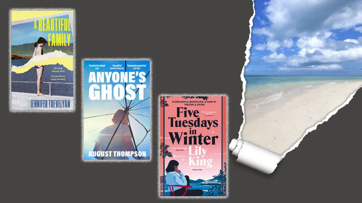 A Beautiful Family, Anyone's Ghost and Five Tuesdays in Winter book covers with torn page showing a quiet beach