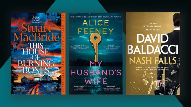 A dark teal and black background with three book covers overlaid