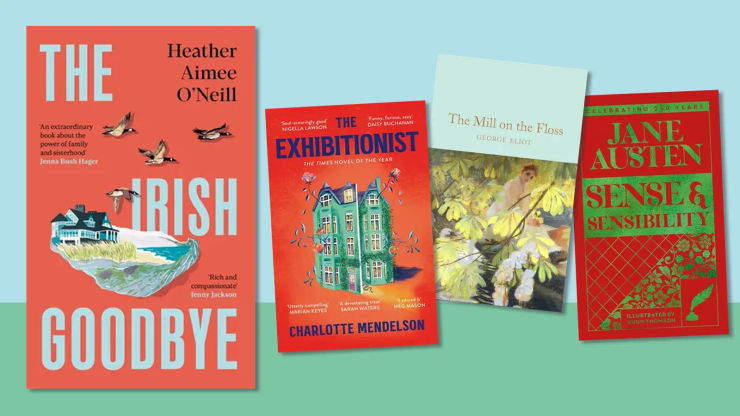 Four book covers on a two tone background