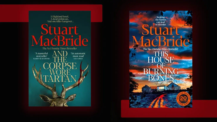 Two book covers on a dark black and red backdrop