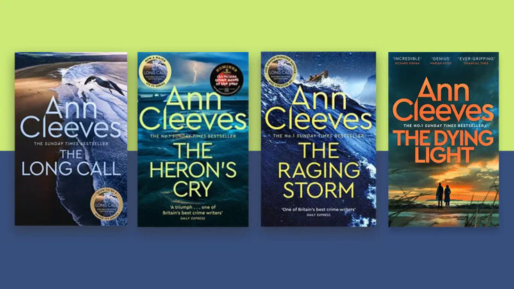 A neon green and blue background with four book covers overlaid: The Long Call, The Heron's Cry, The Raging Storm and The Dying Light