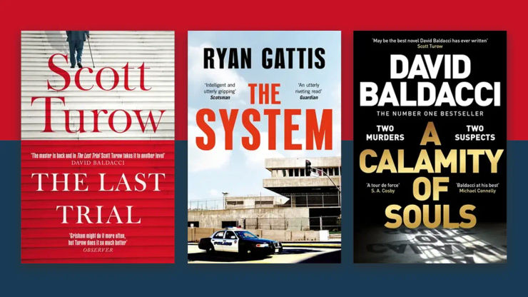Book covers on a red and navy background