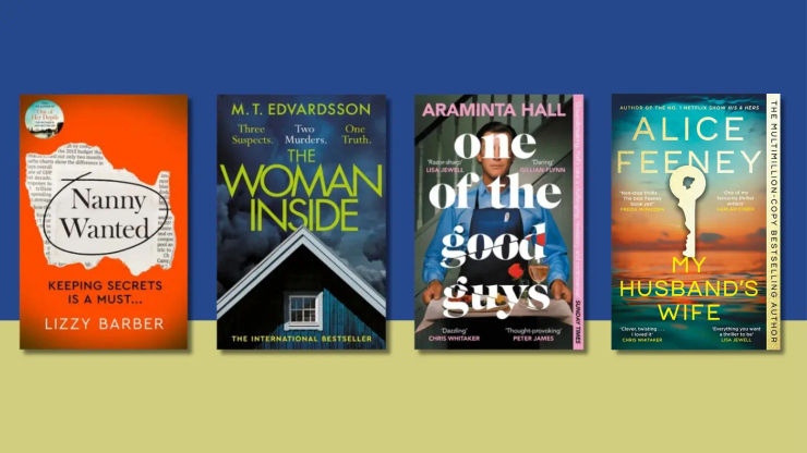 Four book jackets on top of a blue and yellow background