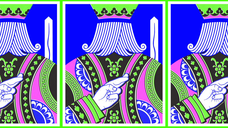 An illustration, in neon colours, of the King on a playing card with his fingers crossed behind his back