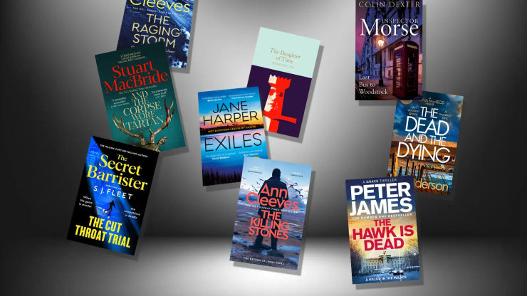 A shadowy background with book covers overlaid as if they are falling from the sky. 