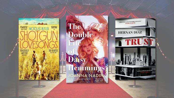 The jackets for The Double Life of Daisy Hemmings, Trust, and Shotgun Lovesongs in front of a red carpet and photographers. 