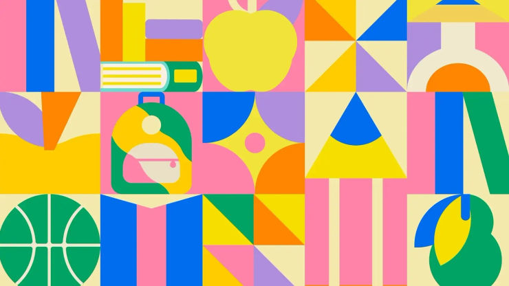 Bright illustration of school items: ball, backpack, pencils