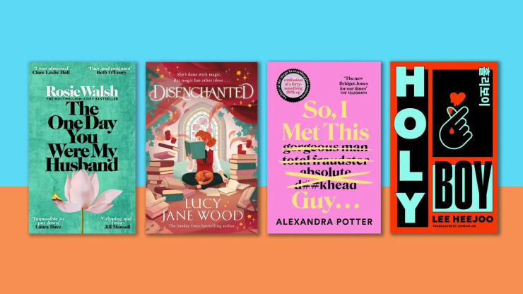 A blue and orange background with four book covers overlaid