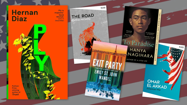 Five book covers on an American flag background