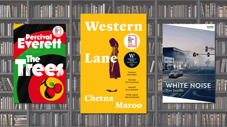 Book covers for The Trees, Western Lane and White Noise with a bookshelf as a background