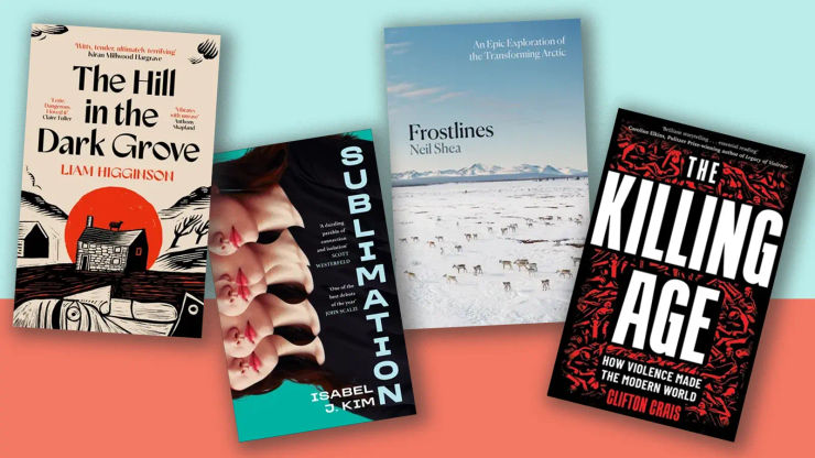 Four book jackets on a two tone background