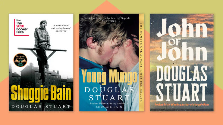 Three novels on an orange and yellow backdrop