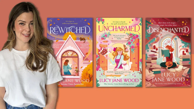 A photograph of Lucy Jane Wood, alongside the covers of books Rewitched, Uncharmed and Disenchanted
