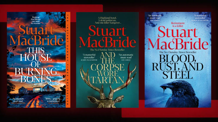 Three book covers on a dark black and red backdrop