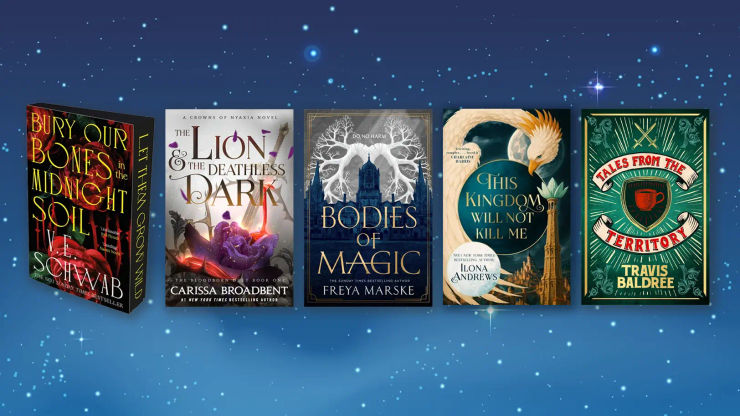 A starry sky with 5 book covers overlaid