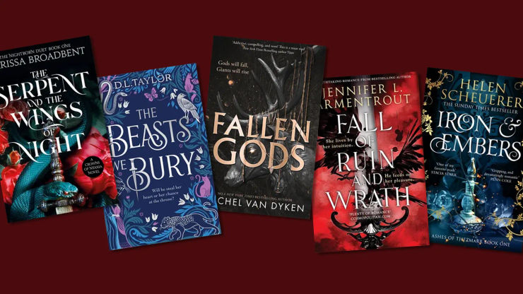 Five books on a dark red background