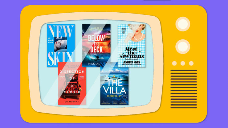 A cartoon-style TV with five book covers on the screen