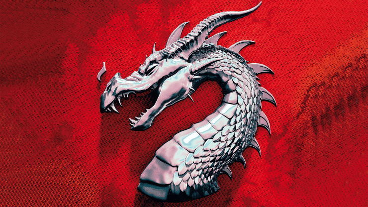 A dragon's head on a dramatic red background