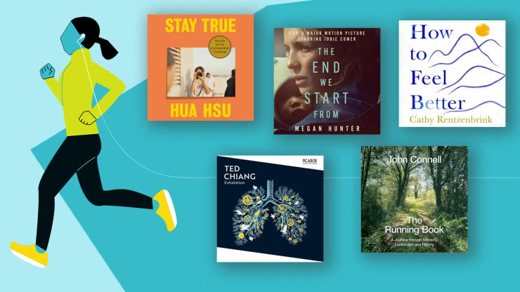 An illustration of a figure running with headphones, alongside audiobook covers