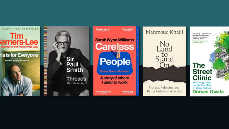 Five book jackets going across a teal and dark background