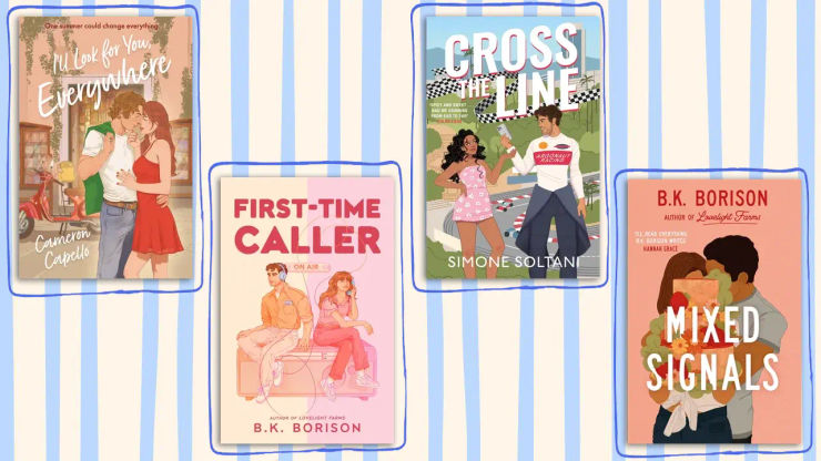 Books jackets on a light blue and cream striped background
