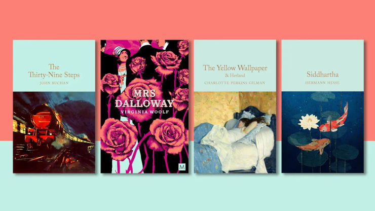 Four book covers on a pink and light green background
