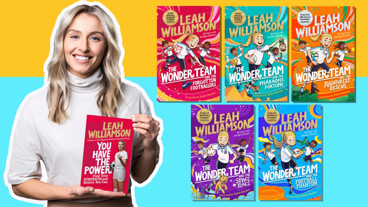 A photograph of Leah Williamson alongside book jackets