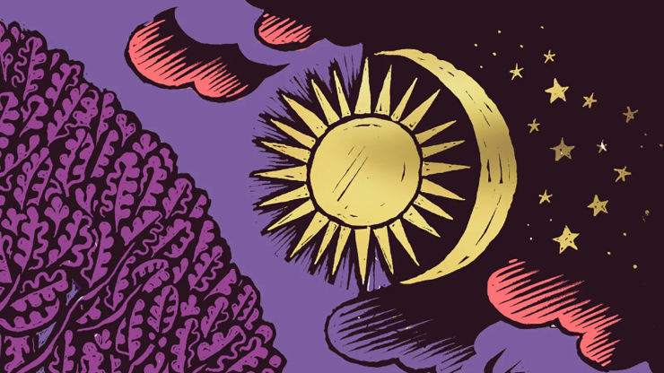 Detail from the cover art of The Ancient Ways showing a moon and sun amongst purple clouds