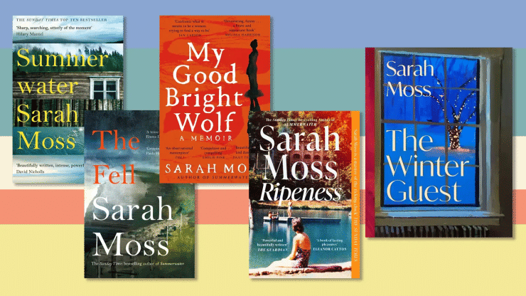 Five books by Sarah Moss on a striped pastel background