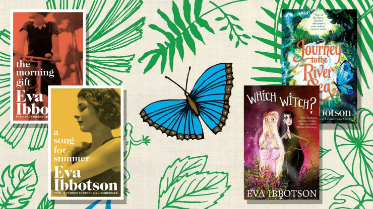 A beige background with illustrations of leaves and a blue butterfly with book covers overlaid.