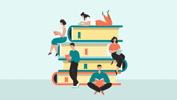 An illustration of a pile of books (oversize). Five students relax and recline on the pile of books, reading books of their own.