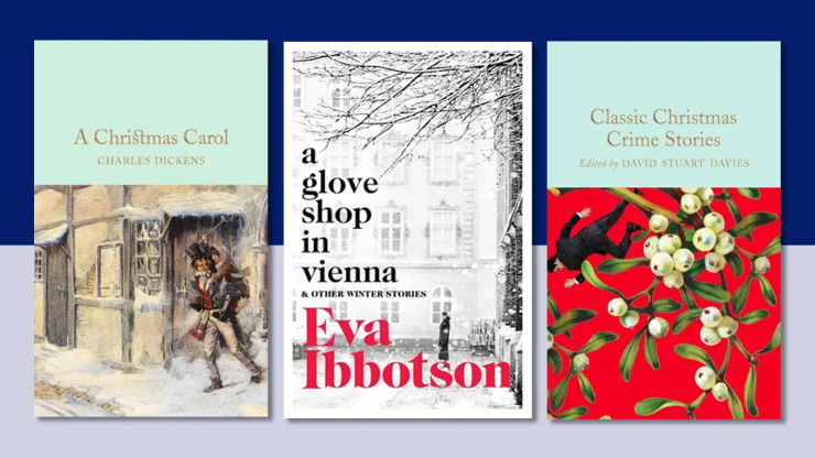 Three book covers on a wintry background