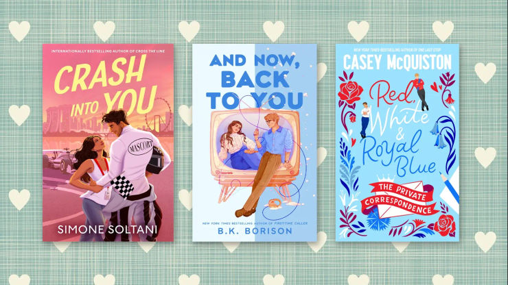 Three book covers on a pale green textured background doted with cream coloured hearts