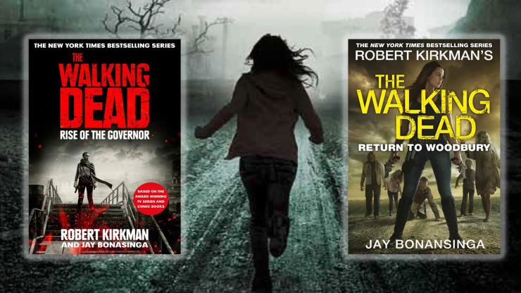 A spooky image of a woman running away with two of The Walking Dead book covers overlaid. 